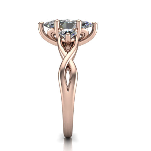 Alina marquise three stone engagement ring in 14K Rose Gold, side profile showing the twisted infinity vine band sweeping to the marquise center