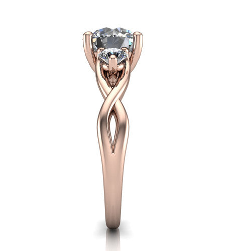 Alina round three stone engagement ring in 14K Rose Gold, side profile showing the twisted infinity vine band sweeping to the round center