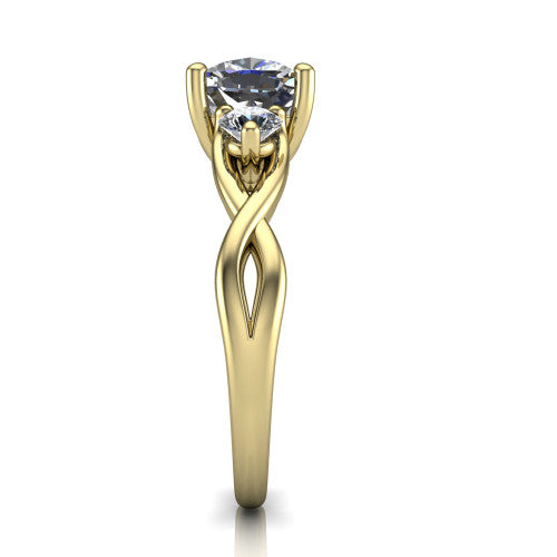Alina cushion three stone engagement ring in 14K Yellow Gold, side profile showing the twisted infinity vine band sweeping to the cushion center