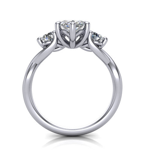 Alina marquise three stone engagement ring in Platinum, through-finger front profile showing the three-stone head and floral basket above the vine band
