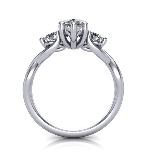 Alina pear three stone engagement ring in 14K White Gold, through-finger front profile showing the three-stone head and floral basket above the vine band