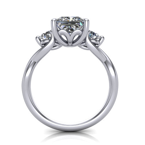 Alina princess three stone engagement ring in Platinum, through-finger front profile showing the three-stone head and floral basket above the vine band