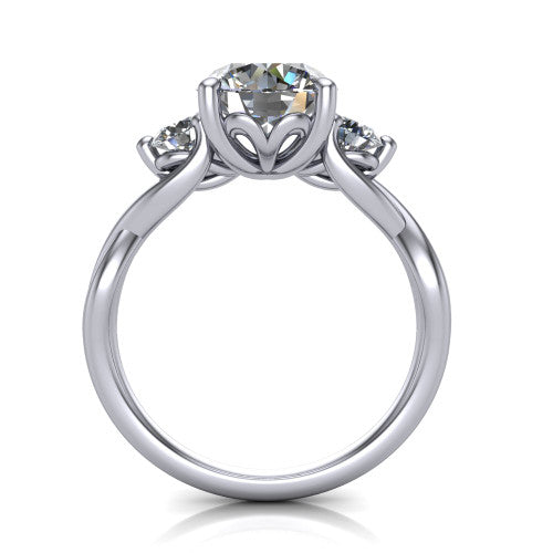 Alina round three stone engagement ring in 14K White Gold, through-finger front profile showing the three-stone head and floral basket above the vine band