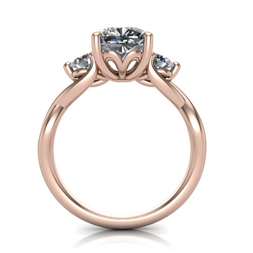 Alina cushion three stone engagement ring in 14K Rose Gold, side profile showing the twisted infinity vine band sweeping to the cushion center