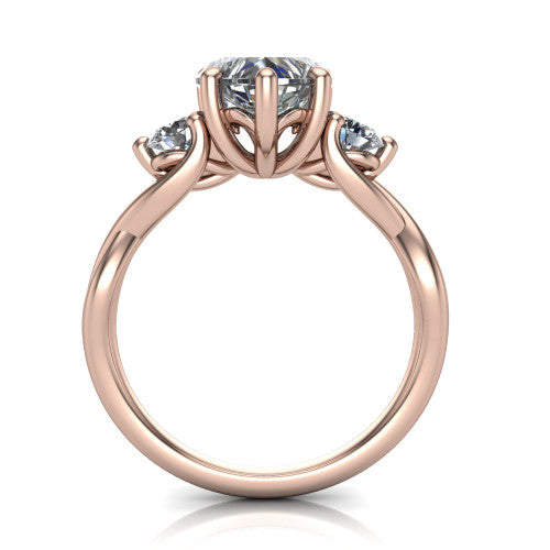 Alina heart three stone engagement ring in 14K Rose Gold, through-finger front profile showing the three-stone head and floral basket above the vine band