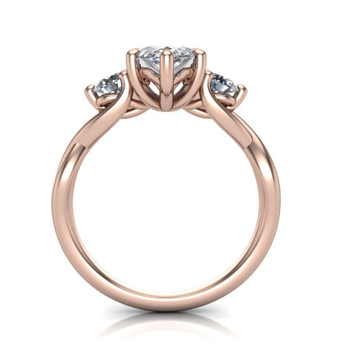 Alina marquise three stone engagement ring in 18K Rose Gold, through-finger front profile showing the three-stone head and floral basket above the vine band
