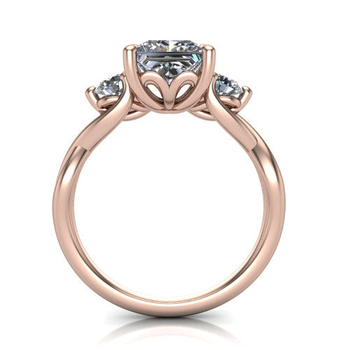 Alina princess three stone engagement ring in 18K Rose Gold, through-finger front profile showing the three-stone head and floral basket above the vine band