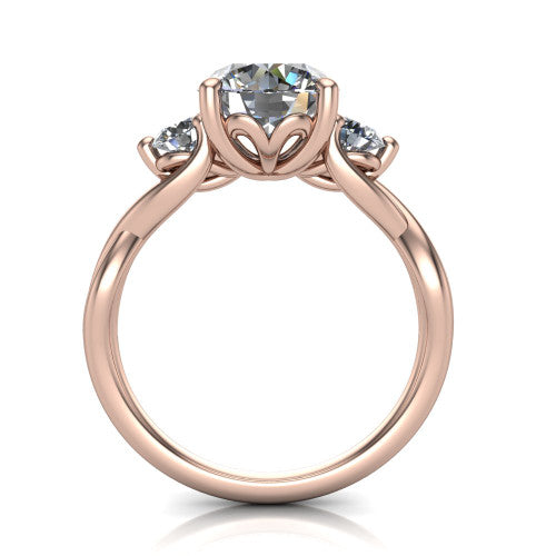 Alina round three stone engagement ring in 18K Rose Gold, through-finger front profile showing the three-stone head and floral basket above the vine band