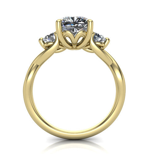 Alina cushion three stone engagement ring in 14K Yellow Gold, through-finger front profile showing the three-stone head and floral basket above the vine band