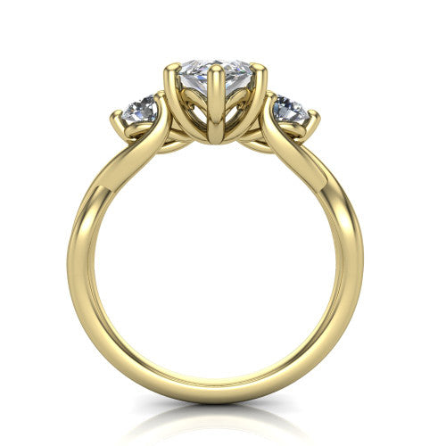 Alina marquise three stone engagement ring in 14K Yellow Gold, through-finger front profile showing the three-stone head and floral basket above the vine band
