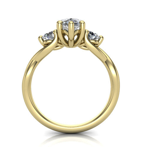 Alina pear three stone engagement ring in 14K Yellow Gold, through-finger front profile showing the three-stone head and floral basket above the vine band