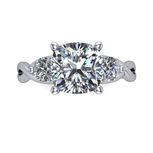 Alina cushion three stone engagement ring in Platinum, top-down view showing the cushion center flanked by two round accent diamonds
