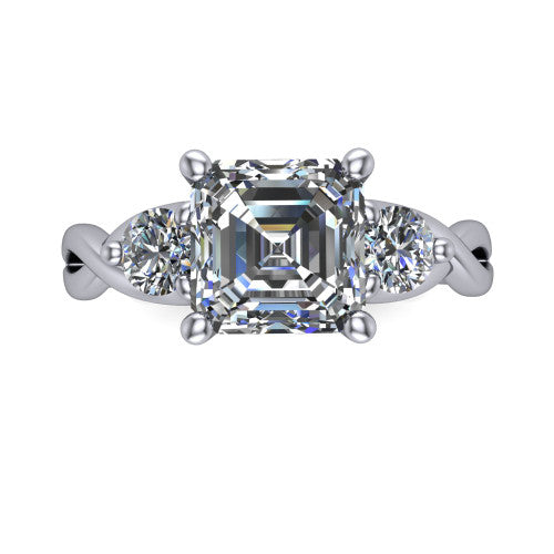 Alina Square Emerald Shape Three Stone Engagement Ring in 14K White Gold