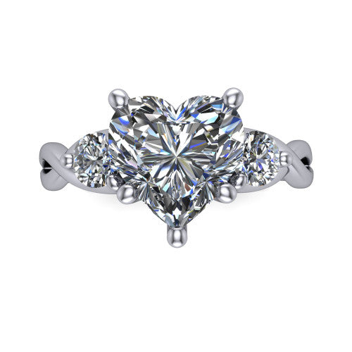 Alina heart three stone engagement ring in 14K White Gold, top-down view showing the heart center flanked by two round accent diamonds