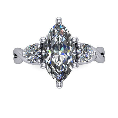 Alina marquise three stone engagement ring in 14K White Gold, top-down view showing the marquise center flanked by two round accent diamonds