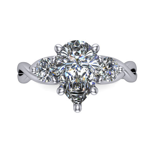 Alina pear three stone engagement ring in Platinum, top-down view showing the pear center flanked by two round accent diamonds