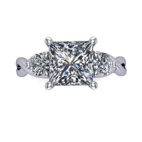 Alina princess three stone engagement ring in 14K White Gold, top-down view showing the princess center flanked by two round accent diamonds