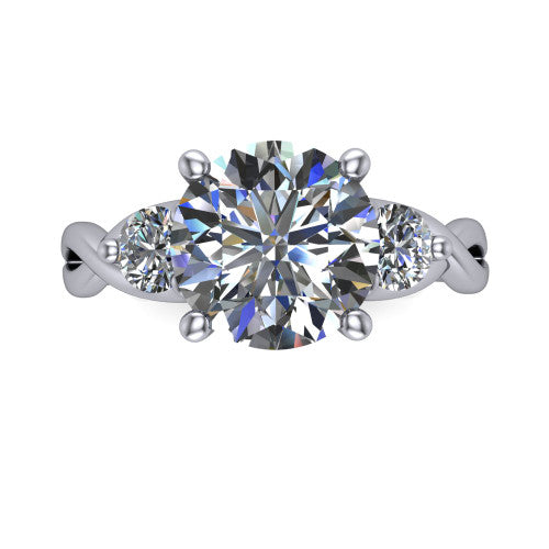 Alina round three stone engagement ring in 18K White Gold, top-down view showing the round center flanked by two round accent diamonds