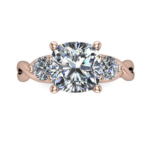 Alina cushion three stone engagement ring in 14K Rose Gold, top-down view showing the cushion center flanked by two round accent diamonds