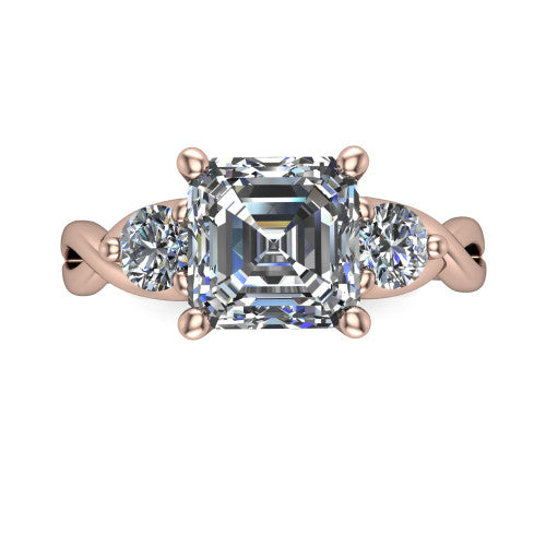 Alina Square Emerald Shape Three Stone Engagement Ring in 18K Rose Gold