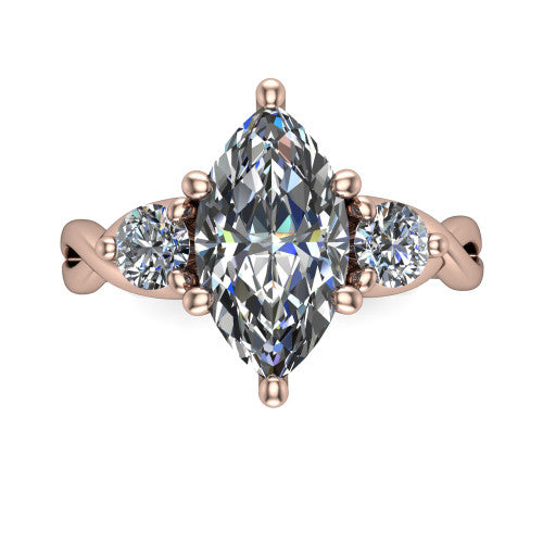 Alina marquise three stone engagement ring in 18K Rose Gold, top-down view showing the marquise center flanked by two round accent diamonds