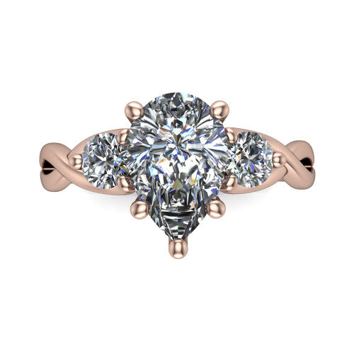 Alina pear three stone engagement ring in 18K Rose Gold, top-down view showing the pear center flanked by two round accent diamonds