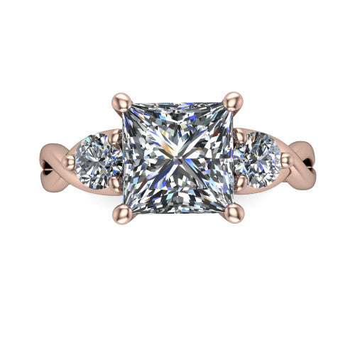 Alina princess three stone engagement ring in 18K Rose Gold, top-down view showing the princess center flanked by two round accent diamonds