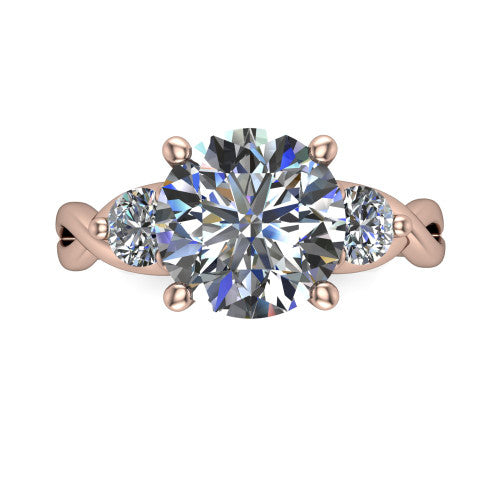 Alina round three stone engagement ring in 14K Rose Gold, top-down view showing the round center flanked by two round accent diamonds