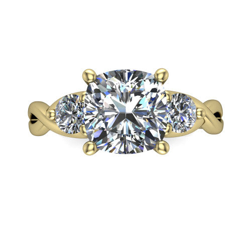 Alina cushion three stone engagement ring in 14K Yellow Gold, top-down view showing the cushion center flanked by two round accent diamonds