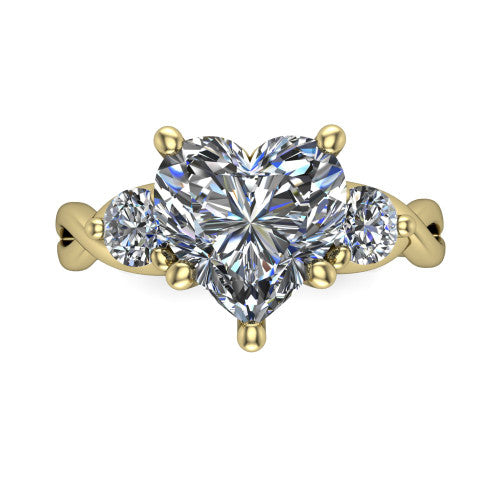 Alina heart three stone engagement ring in 14K Yellow Gold, top-down view showing the heart center flanked by two round accent diamonds