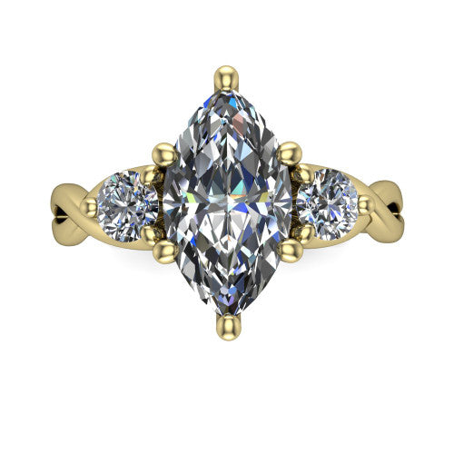 Alina marquise three stone engagement ring in 14K Yellow Gold, top-down view showing the marquise center flanked by two round accent diamonds