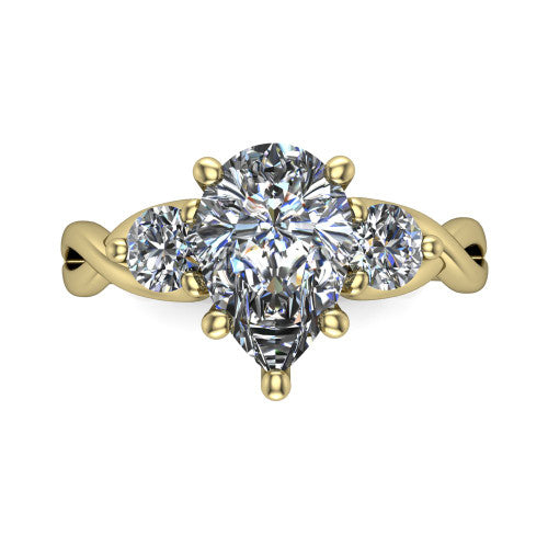Alina pear three stone engagement ring in 14K Yellow Gold, top-down view showing the pear center flanked by two round accent diamonds