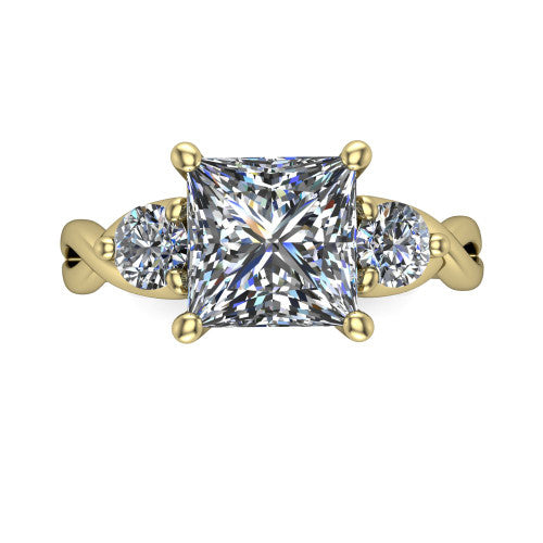 Alina princess three stone engagement ring in 18K Yellow Gold, top-down view showing the princess center flanked by two round accent diamonds