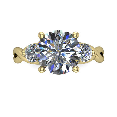 Alina round three stone engagement ring in 18K Yellow Gold, top-down view showing the round center flanked by two round accent diamonds