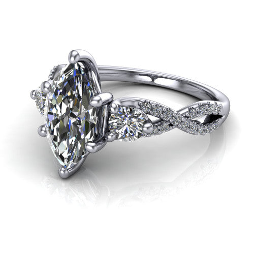 Ryleigh marquise three stone engagement ring in 18K White Gold, three-quarter perspective showing the marquise center between two round side stones above a twisted pav&eacute; band