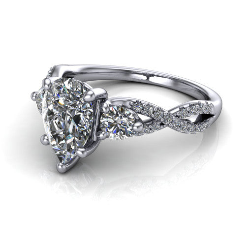 Ryleigh pear three stone engagement ring in 14K White Gold, three-quarter perspective showing the pear center between two round side stones above a twisted pav&eacute; band