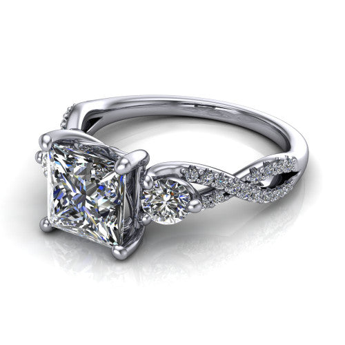 Ryleigh princess three stone engagement ring in 14K White Gold, three-quarter perspective showing the princess center between two round side stones above a twisted pav&eacute; band