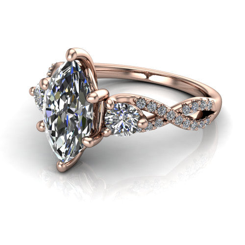 Ryleigh marquise three stone engagement ring in 14K Rose Gold, three-quarter perspective showing the marquise center between two round side stones above a twisted pav&eacute; band