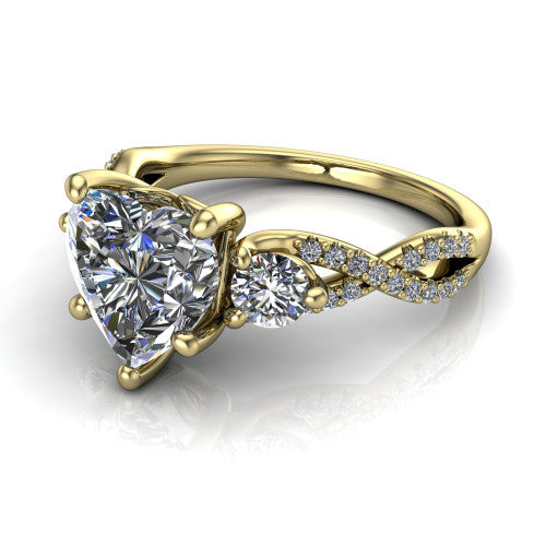 Ryleigh heart three stone engagement ring in 14K Yellow Gold, three-quarter perspective showing the heart center between two round side stones above a twisted pav&eacute; band