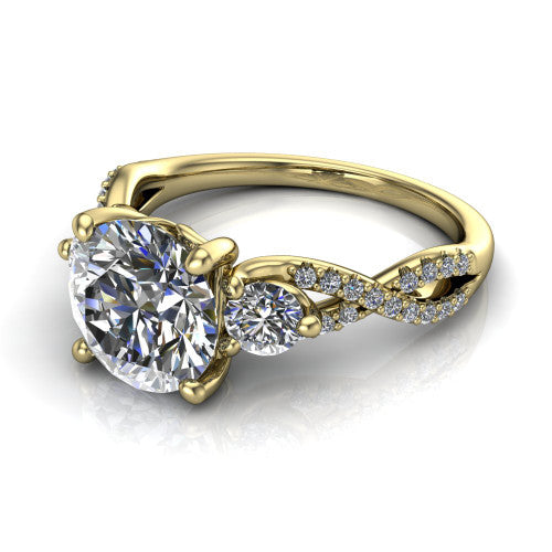 Ryleigh round three stone engagement ring in 18K Yellow Gold, three-quarter perspective showing the round center between two round side stones above a twisted pav&eacute; band