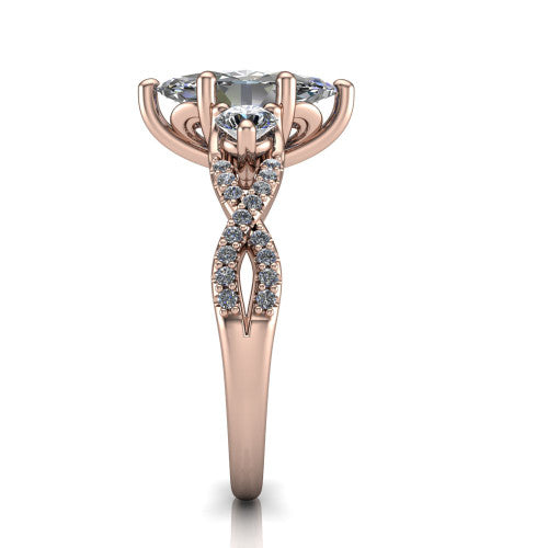 Ryleigh marquise three stone engagement ring in 14K Rose Gold, side profile showing the twisted pav&eacute; infinity band sweeping to the marquise center