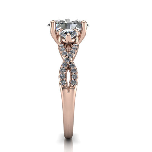 Ryleigh oval three stone engagement ring in 14K Rose Gold, side profile showing the twisted pav&eacute; infinity band sweeping to the oval center