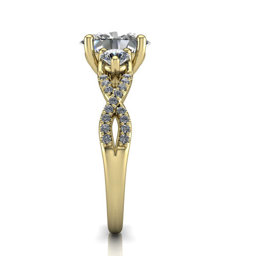 Ryleigh oval three stone engagement ring in 14K Yellow Gold, side profile showing the twisted pav&eacute; infinity band sweeping to the oval center