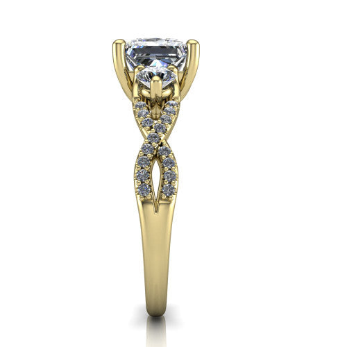 Ryleigh princess three stone engagement ring in 14K Yellow Gold, side profile showing the twisted pav&eacute; infinity band sweeping to the princess center