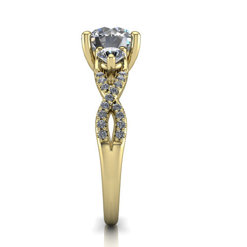 Ryleigh round three stone engagement ring in 14K Yellow Gold, side profile showing the twisted pav&eacute; infinity band sweeping to the round center