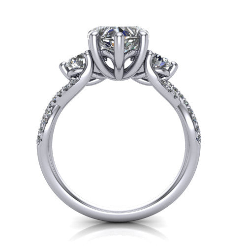 Ryleigh heart three stone engagement ring in 18K White Gold, through-finger front profile showing the three-stone head and floral basket above the twisted band