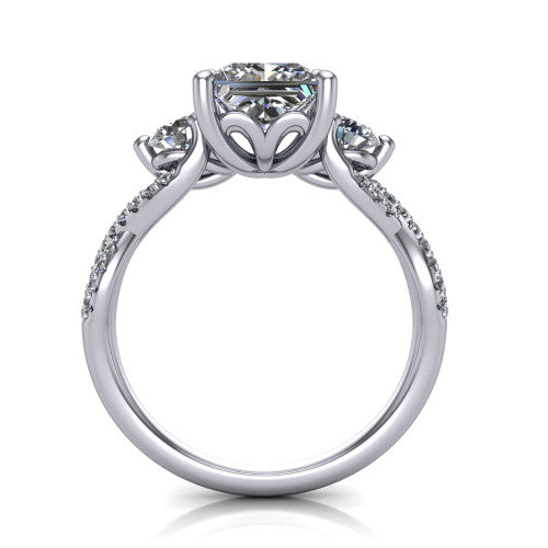 Ryleigh princess three stone engagement ring in Platinum, through-finger front profile showing the three-stone head and floral basket above the twisted band