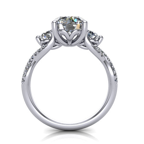 Ryleigh round three stone engagement ring in 14K White Gold, through-finger front profile showing the three-stone head and floral basket above the twisted band