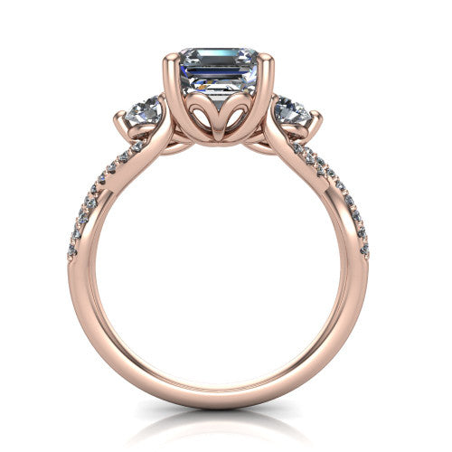 Ryleigh square emerald three stone engagement ring in 14K Rose Gold, through-finger front profile showing the three-stone head and floral basket above the twisted band