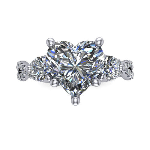 Ryleigh heart three stone engagement ring in 14K White Gold, top-down view showing the heart center flanked by two round accent diamonds and the pav&eacute; twist